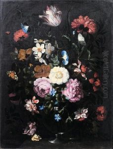 A Tulip, Roses, Convolvulus And Other Flowersin A Glass Vase On A Table Top