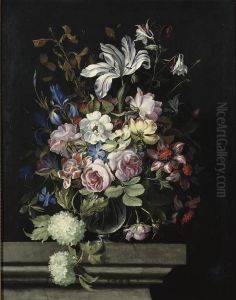 Roses, Irises, Lillies And Other Flowers In A Glass Vase On A Stone Ledge by Jan Peeter Brueghel