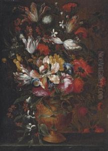 Roses, Tulips, Irises And Other Flowers In A Bronze Urn On A Stone Ledge by Jan Peeter Brueghel