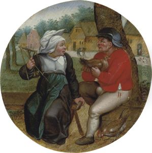 A Peasant Holding A Hen And A Peasant Woman Holding A Spindle