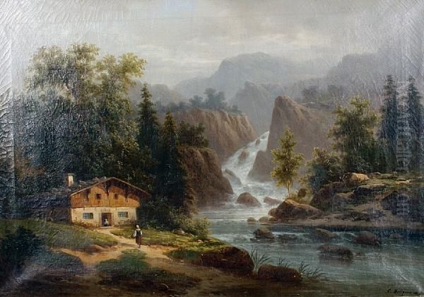 View Of An Alpine Chalet, A Waterfallbeyond - view 1