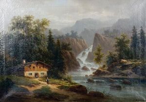View Of An Alpine Chalet, A Waterfallbeyond