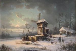 Romantische
Winterlandschaft Mit Windmuhle Und Personen by Colestin Brugner