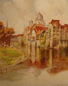 Riverside And Canal View To City, Probably Bruges