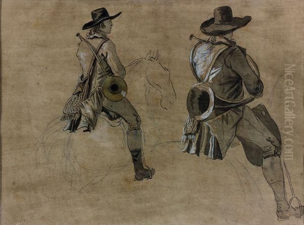 Deux Etudes D'un Sonneur A Chasse A Cour Sur La Meme Feuille - view 1