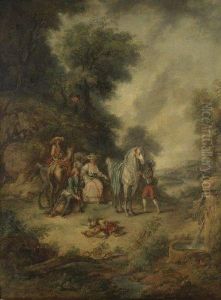 La Halte Des Chasseurs Devant Une Fontaine. by Louis Auguste Brun De Versoix