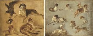 Study Of Four Dogs And An Eagle; And Study Of Seven Dogs A Hare And A Goat by Louis Auguste Brun De Versoix