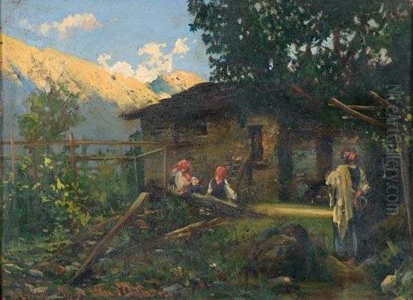 Paesaggio Montano Con Baita E Figure - view 1