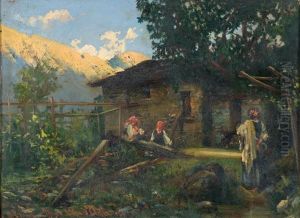 Paesaggio Montano Con Baita E Figure by Gabriele Brunati