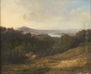 Paesaggio Con Baita, Fiume E Citta In Lontananza