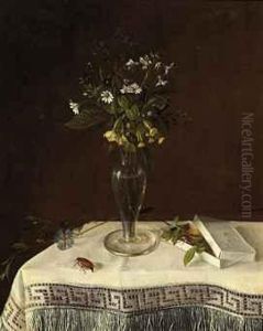 A Bouquet Of Wild Flowers In A Glass Vase On A Draped Table by Heinrich Brune