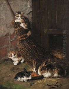 Kittens At Play With Rabbits At Feed by Alphonse de Neuville