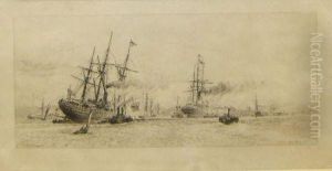 Busy River Estuary Scene With Shipping by Alfred Louis Brunet-Debaines