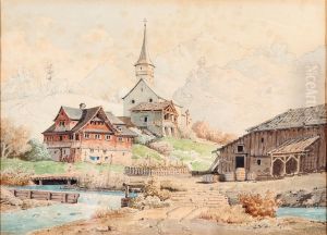 "eglise Et Maison Au Bord D'une Riviere" by Alois Brunner