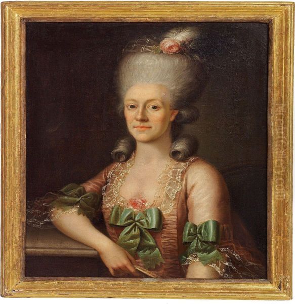 Portrait Of A Lady In A Pink Dress With Green Bows - view 1