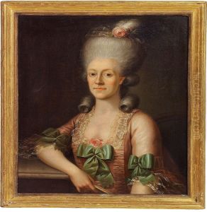 Portrait Of A Lady In A Pink Dress With Green Bows by Andreas Brunniche