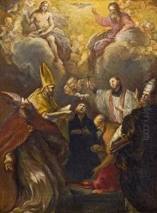 Ignatius Von Loyola, Johannes Nepomuk Und Die Vier Kirchenvater Verehren Die Hl. Dreifalitigkeit by Girolamo Brusaferro