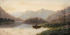 Einsamer Fischer Im Boot Auf Einem Nordischen See In Gebirgslandschaft by Ferdinand Brutt