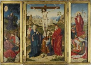 A Triptych Representing The Crucifixion, Flanked By The Agony In The Garden And The Resurrection, With Scenes From The Passion Beyond by Bartholomaeus, the Elder Bruyn