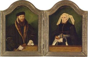 A Diptych: Portrait Of A Gentleman, Half-length, In A Fur-lined Coat, With Leather Gloves And A Letter In His Hand; And Portrait Of A Lady, Half-length, In A Black Dress And Pearl Encrusted Belt, Holding A Book by Bartholomaeus, the Elder Bruyn