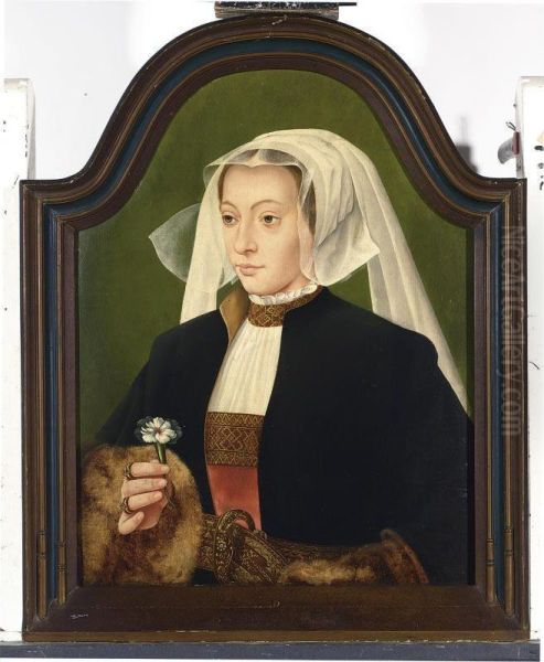 A Portrait Of A Lady, Bust Length, Wearing A Red Dress, White Chemise, A Black Fur-lined Coat And A White Headdress, Holding A Carnation - view 1
