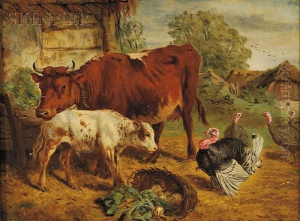 Barnyard With Cows And Turkeys - view 1
