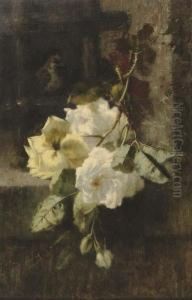 A Swag Of White And Yellow Roses by Ermocrate Bucchi