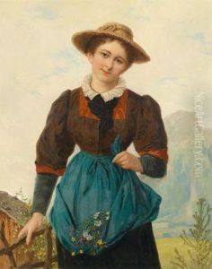 Junge Frau Mit Blumen Vor Gebirgshintergrund Junge Frau Mit Blumen Vor Gebirgshintergrund