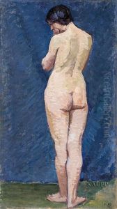 Vor Einer Blauen Wand Stehender Weiblicher Ruckenakt by Ernst Buchner