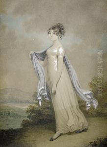 Portrait Of A Lady, Full-length, In A White Dress And A Blue Shawl, Standing Before An Open Landscape