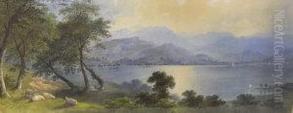 Mountainous Lakeside Landscape With Sheep Grazing - view 1