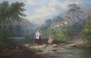A Country Family On Stepping Stones by Charles Frederick Buckley
