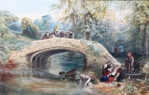 Figures Assisting A Fainting Maiden, With Travellers Crossing A Bridge