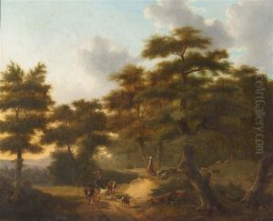 A Drover And Cattle On A Sunlit Pathway In A Wooded Landscape by Philippe Budelot