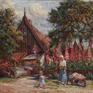 Mother With Her Daughter In Front Of Hollyhocks At A Farm by Carl Budtz-Moller