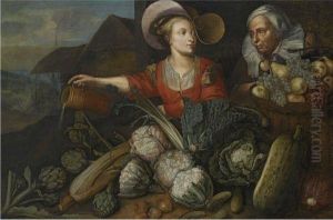 A Young Lady And An Elderly Lady Attending Their Vegetables by Joachim Beuckelaer