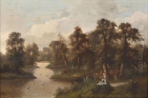 Damen In Sommerlicher Flusslandschaft by Karl Albert Buehr