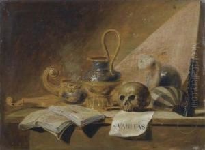 Vanitas Still Life With Books, A Violin, A Lute, And Incense Burner And A Jug On A Table. by Jan Jansz. Buesem
