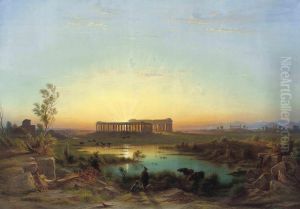 A Herdsman Watering His Cattle At Paestum, Dusk