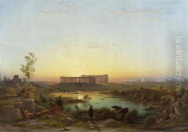 View From The Old Wall Of Paestum Towards The Basilica And The Temples Of Poseidon And Athena - view 1