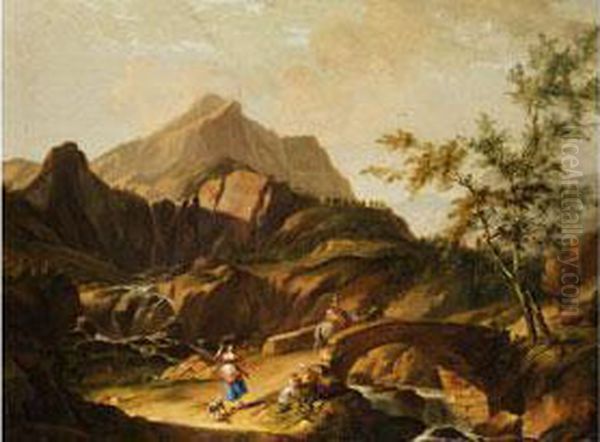 Schweizer Gebirgslandschaft Mit Steinbrucke Uber Einen Wasserfall Und Figurenstaffage - view 1