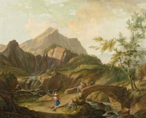 Mountain Landscape With A Bridge Over A River, With Herdsmen. 1764. by Johann Balthasar I Bullinger