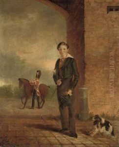 Portrait Of George Dean-pitt (1823-1883), Standing Small Full Length In An Archway, With His Spaniel, A Grenadier Guard Preparing His Horse Beyond