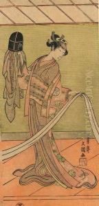 Hosoban Tate-e, Jeune Femme Debout En Kimono Regardant Un Obi Hosoban Tate-e, Jeune Femme Debout En Kimono Regardant Un Obi