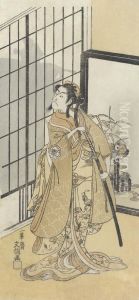Full-length Portrait Of The Actor Matsumoto Koshiro In A Femalerole, The Silhouette Of A Male Figure Visible Through The Shojiscreen Full-length Portrait Of The Actor Matsumoto Koshiro In A Femalerole, The Silhouette Of A Male Figure Visible Through The Shojiscreen