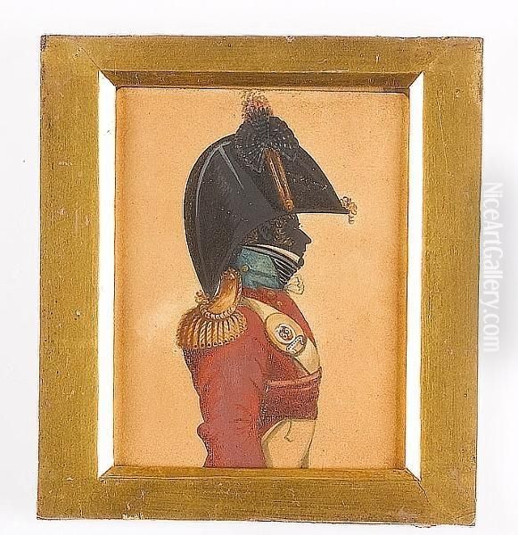 A Silhouette Of An Officer, Profile To The Right, Wearing The Uniform Of The 39th Foot, Scarlet Coatee With Blue-green Collar, Gold Epaulette, Crimson Cummerbund, White Cross Belt With Breast Plate Bearing The Number 39, Frilled Chemise, Black Stock And B - view 1