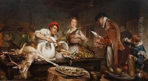 Figures Preparing For An Extravagant Feast,with Game Icluding Swan Upon The Table by Edgar Bundy