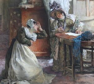 Interior Scene With A Lady Seated At A Table,with A Maid Kneeling Beside by Edgar Bundy