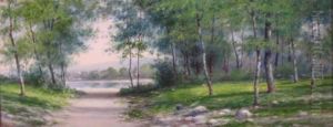 Interior Woods With Path And Pond by John Elwood Bundy