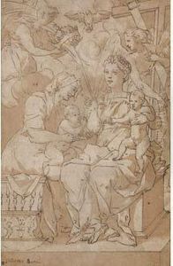 La Vierge A L'enfant Avec Sainte Elisabeth Et Saint Jean-baptiste, Les Anges Portant Les Instruments De La Passion by Jacob Bunel